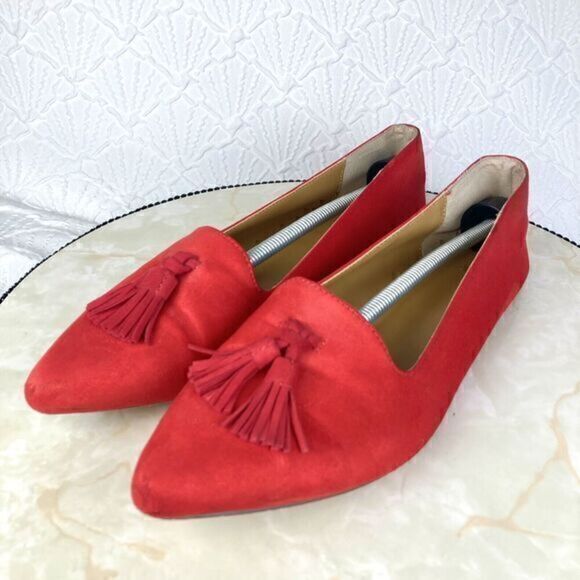 J. Crew Tassel Loafers Womens Size 9 Red Microsuede Pointed Toe Slip On Shoes - Picture 5 of 12
